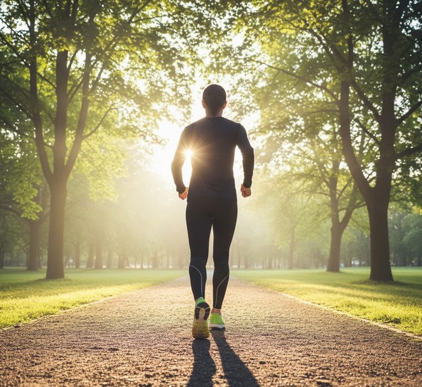 早朝の公園で、朝日を浴びながら力強くウォーキングする人の後姿