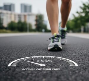 アスファルトの道路に描かれた速度メーターの「6km/h」を指す針と、その横を通り過ぎるウォーキングシューズの足元