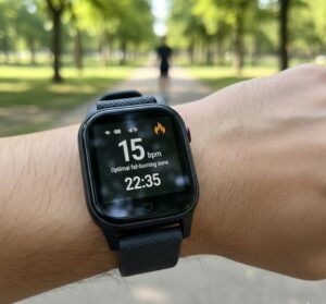 心拍計付きスマートウォッチを装着した手首のクローズアップ画像