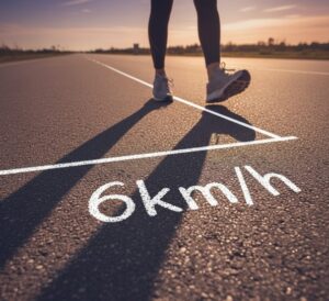 ォーキング中に、足元の影が長く伸びる様子を捉えた構図