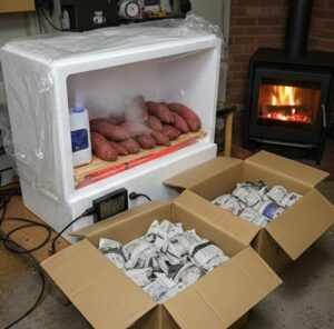 キュアリング作業をして出来上がりを新聞紙にまいて箱に入れている像像