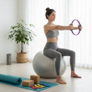 ボールに坐ってバランスを取りながらティラピスを行っている画像