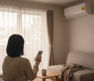 エアコンの温度設定を行っている女性の画像