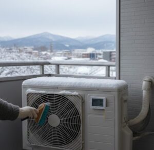 雪で覆われて室外機を掃除している画像