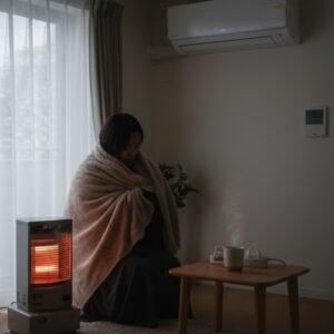 暖房をつけないで室内で過ごす女性のが画像