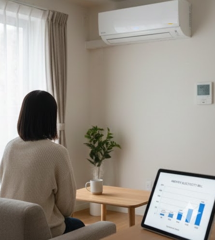 暖房の効いた部屋で快適に過ごす女性の画像