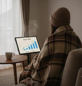 寒い室内でマフラーを着てパソコンを見つめている女性