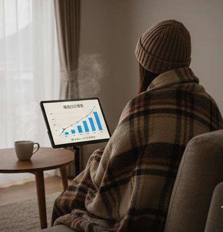 寒い室内でマフラーを着てパソコンを見つめている女性