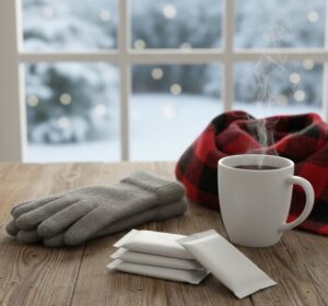 冬のアウトドアとカイロの備えでカイロがテーブルに置かれている画像