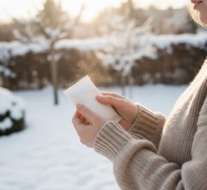 冬の野外でカイロを手に持っている画像