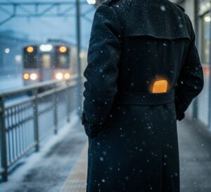 雪の降るホームでカイロをしながら列車を待つ男性