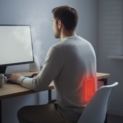 カイロを背中に貼ってパソコンの向かって仕事をしている画像