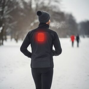 カイロを背中にはって冬の外を散歩している画像