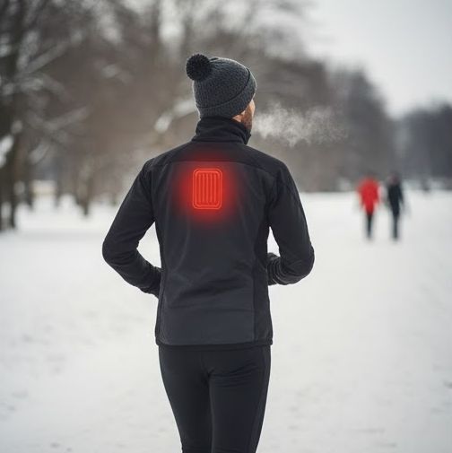 カイロを背中にはって冬の外を散歩している画像