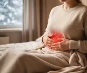 お腹にカイロ貼ってベットで休んでいる画像