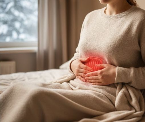 お腹にカイロ貼ってベットで休んでいる画像