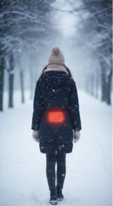 カイロを背中に貼って雪の降る外を散歩している女性