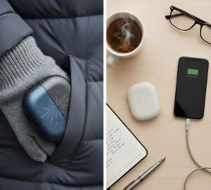 充電式カイロをポケットや机の上で充電している画像