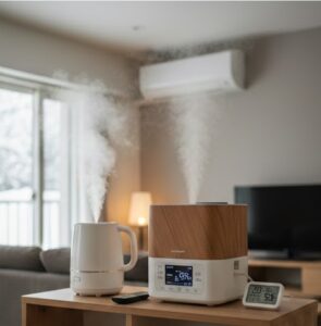 加湿器とエアコンの併用を行っている画像