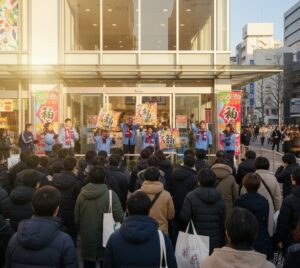 福袋の販売開始に並んでいる人々の画像