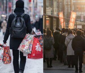 福袋を買って持ち帰っている画像と福袋の販売開始にならんでいる画像