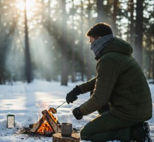 アウトドアで外ネックウォーマーを付けてたき火をしている男性