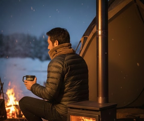 冬の野外でンwネックウォーマーをしてコーヒーを飲んで画像