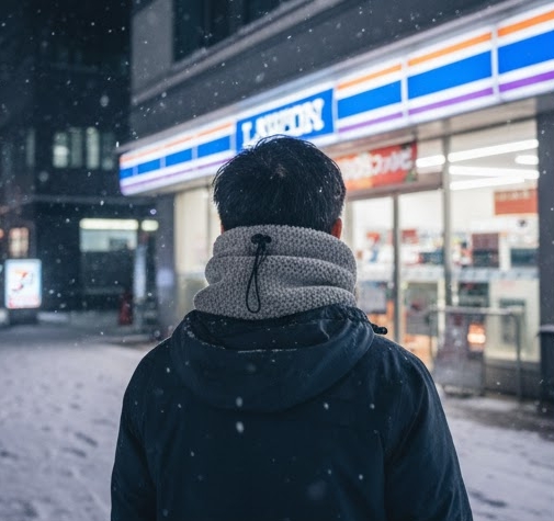ネックウォーマーをしてコンビニに向かう男性