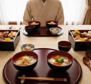 家族そろってお雑煮を食べようとしている画像