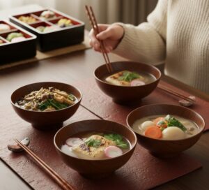 正月の家族のお雑煮を作っている画像