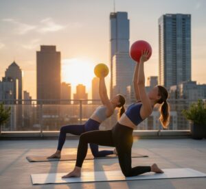 ビルの屋上ででミニボールを使ってピラティスを行っている画像