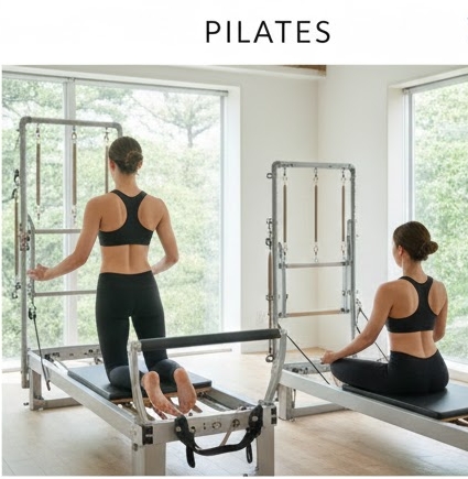 マシンを使ってピラテイスを行っている画像