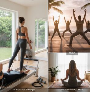 ヨガとビラテイスをさまざまな場所で実践している画像