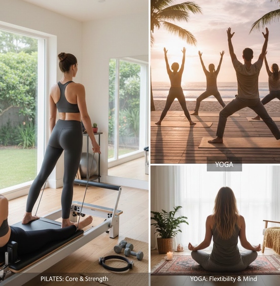 ヨガとビラテイスをさまざまな場所で実践している画像