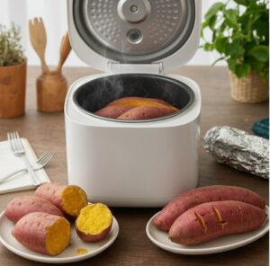 炊飯器で作ったふかしいもを取り出した画像