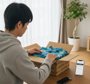 zozotownの古着が到着してダンボールを開けて商品を取り出そうとしている画像