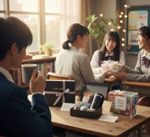 カフェでバレンタンギフトを渡そうと話している女性