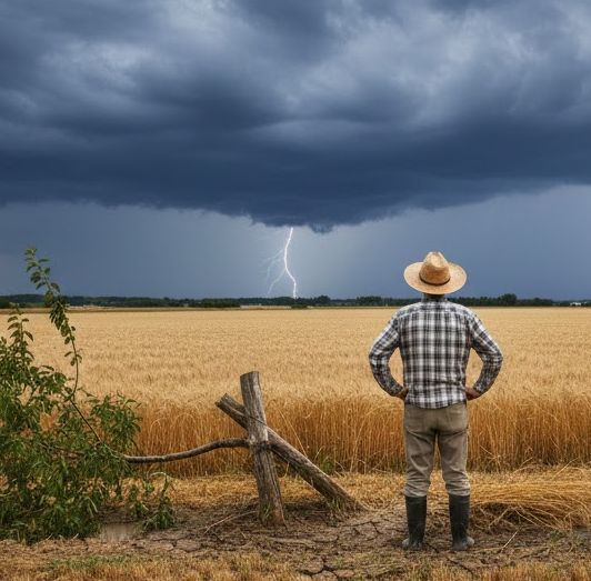 天災に見舞われて立ち尽くす農家