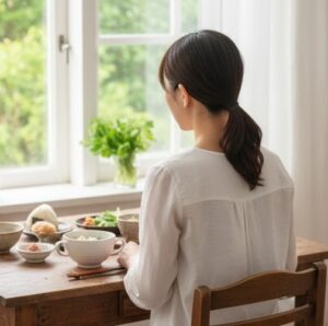 朝に七草粥を食べようとしている画像