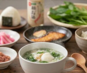 七草粥がテーブルに出されている画像