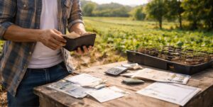 尚の購入をするためにお金を計算している画像