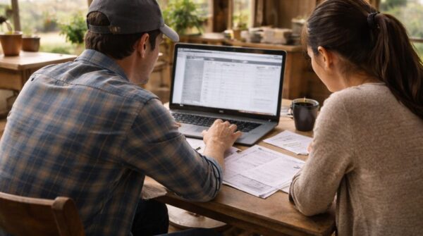 農家の夫妻がパソコンを見つめている画像