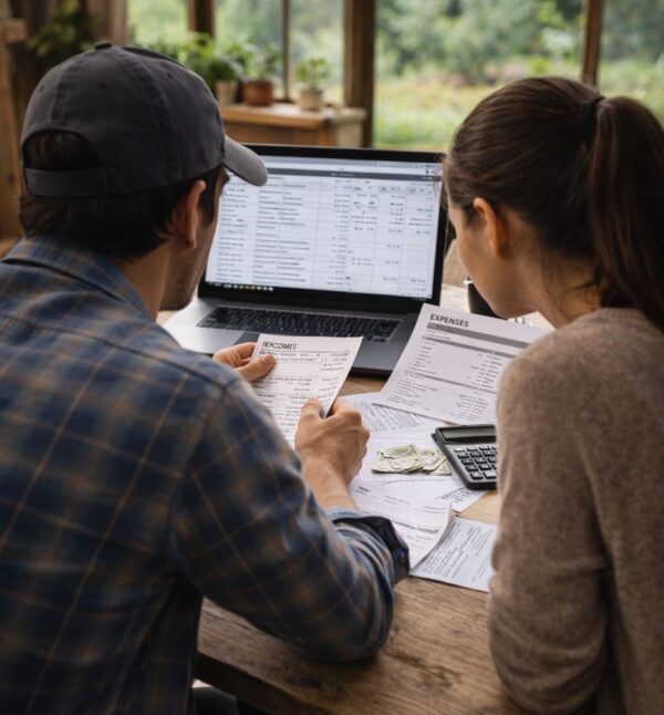農家の夫妻が経費計算をしている画像
