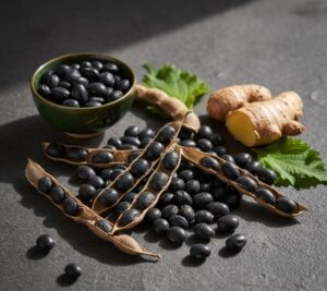 莢入りの黒豆と取り出された黒豆の画像