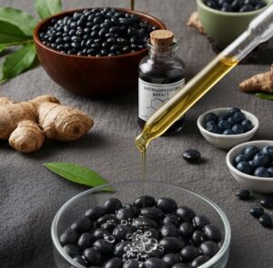 黒豆にオリーブオイルを垂らしている画像