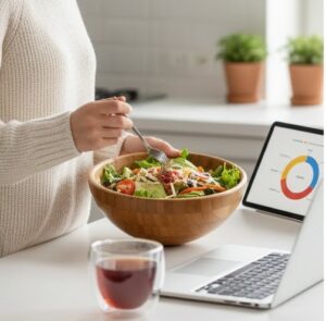 黒豆茶を飲みながらパソコンを眺めている画像