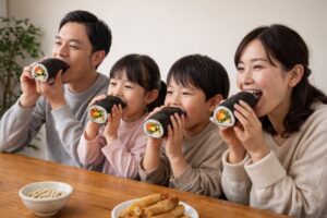 家族で恵方巻きをたべている画像