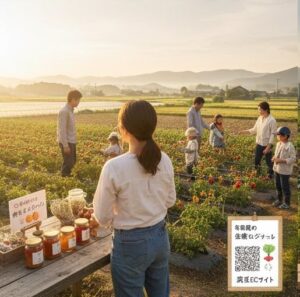 観光農園でお客様は収穫しているのを見つめている女性