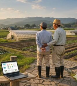 農家の仲間と仕事の話をしている画像