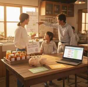 家族で作業の段取りを話し合っている画像